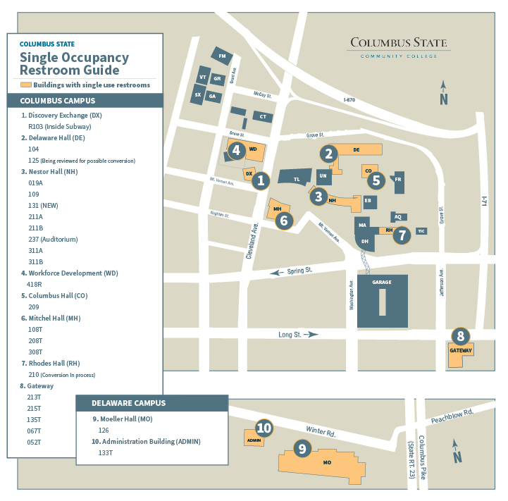 Map featuring buildings with single use restrooms at Columbus campus