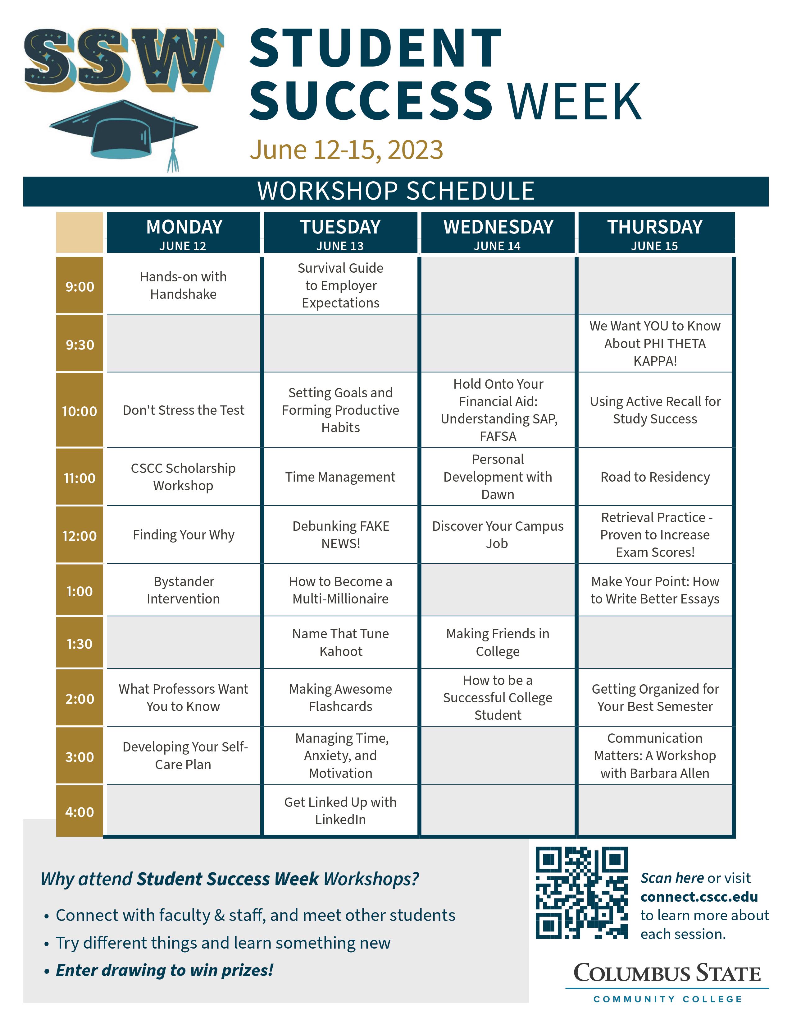 The full student success week flyer with each date and time listed. 