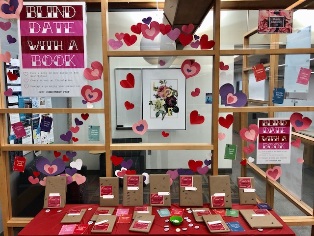 A picture of the Blind Date with a Book display.