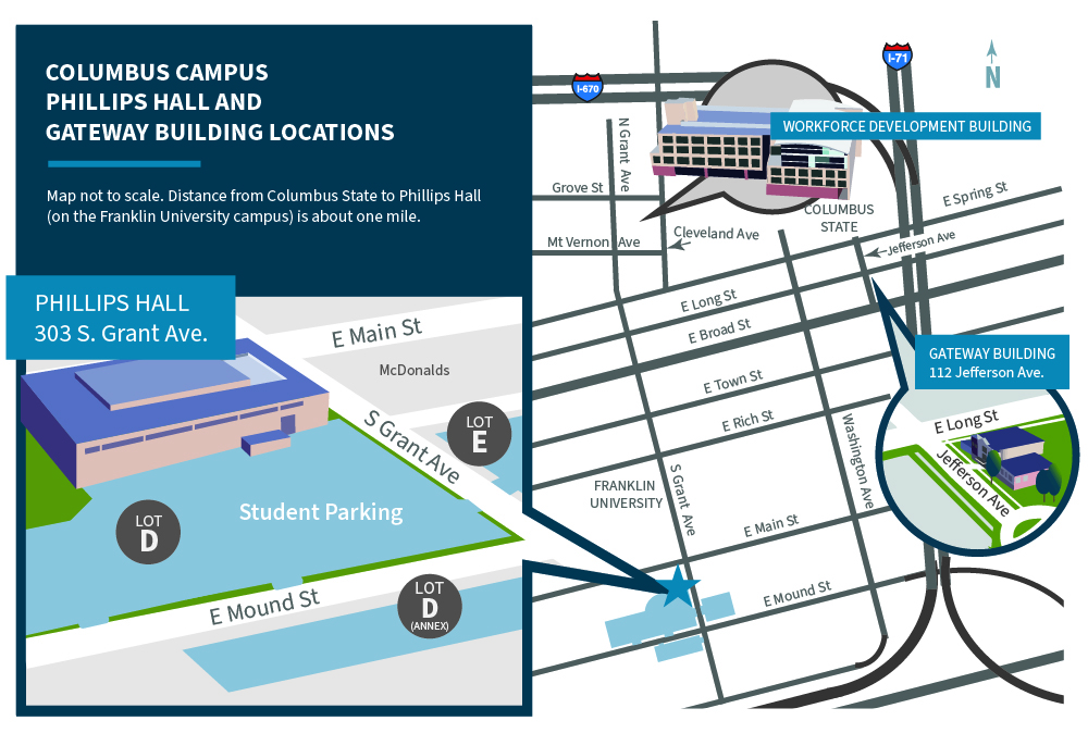 Map detail of Phillips Hall and Gateway building south of main campus at Franklin University
