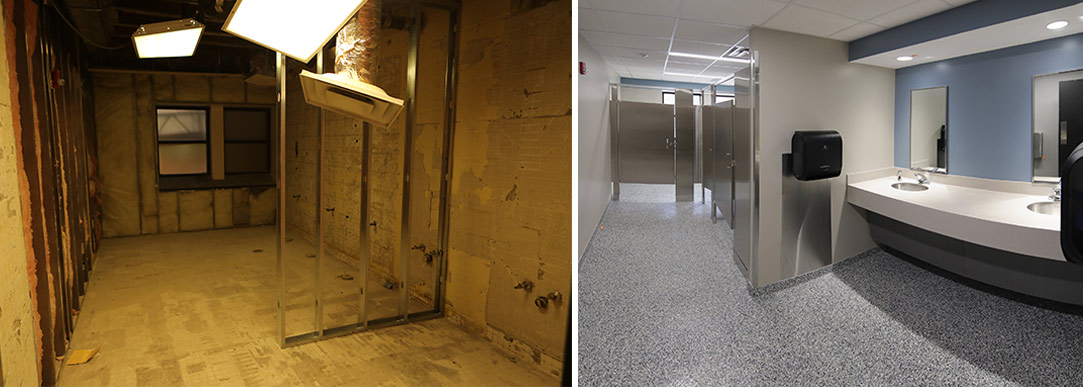 A picture of before and after renovations to the lower level women's restroom in Aquinas Hall.