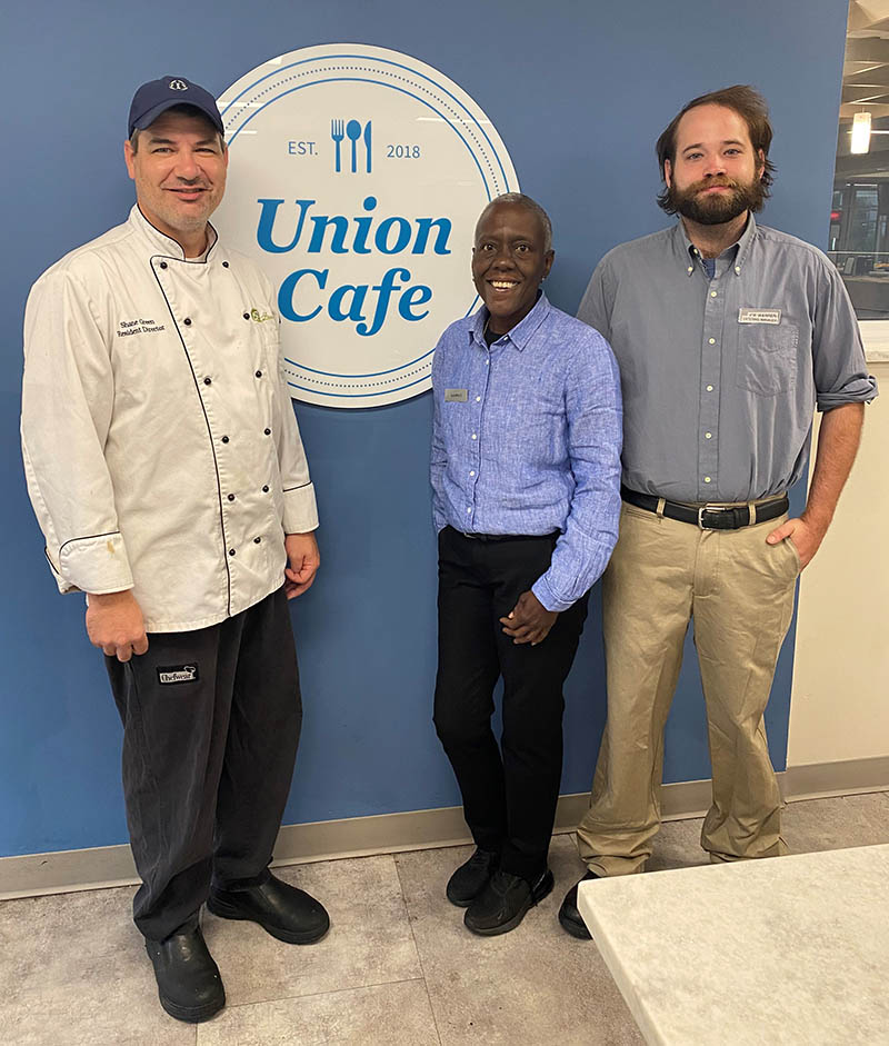 Pictured left to right: Shane Green, AVI resident director; Lucetta Stewart, Union Cafe manager; and Joe Warren, AVI catering manager. 
