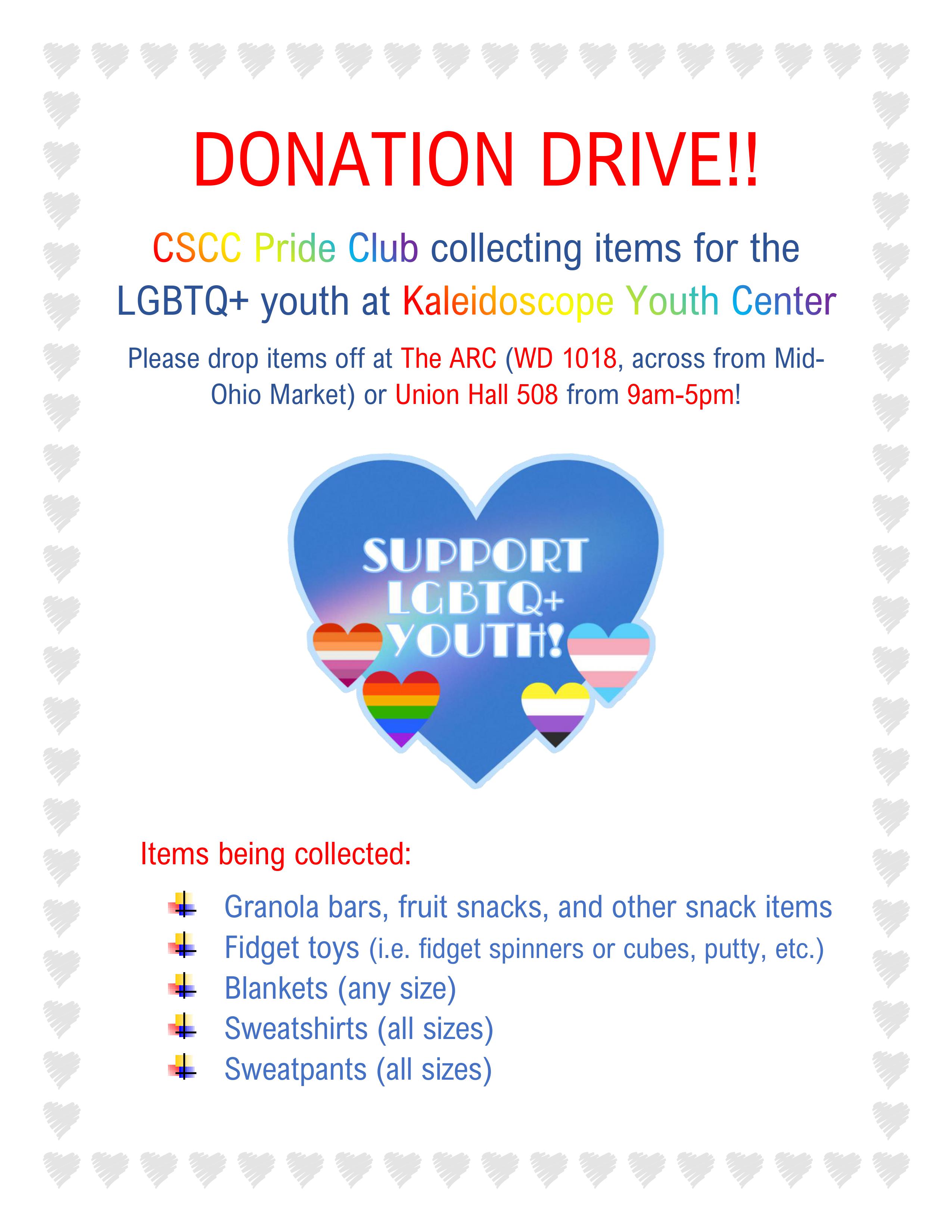 A flyer listing the items that can be donated. 