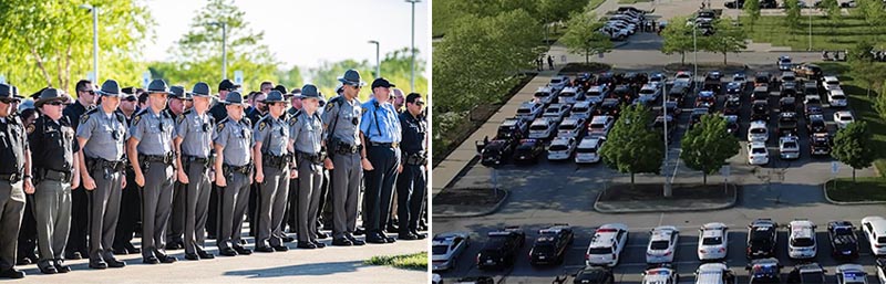 Pictured above, left, some of the many officers at the Light Ohio Blue ceremony outside Moeller Hall on May 15. Right, dozens of police cruisers filled the parking lot. 