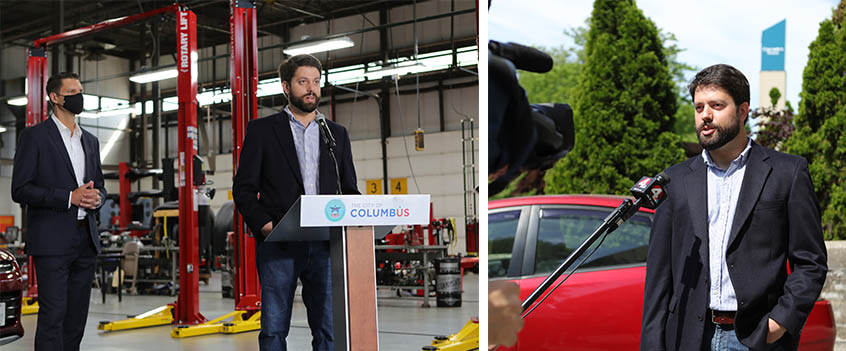 Pictured above left, Assistant Professor Ian Andrews speaks at the Project Taillight news conference on May 18 in the Delaware Hall Automotive Lab as Columbus City Attorney Zach Klein looks on. Above right, Andrews is interviewed by WCMH-TV. 