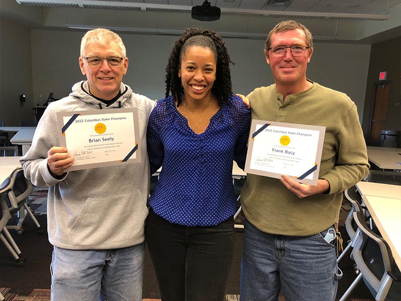 
Left to right: Brian Seely, Averee Fields, and Frank Bucy pose for a photo. Frank and Brian were recognized as champions and Averee Fields hosted the Delaware Watch Party as part of the Champions event  planning team. 
 
