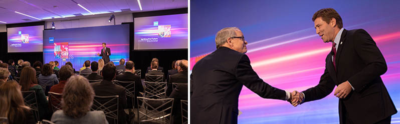 Above left, President Harrison speaks to the crowd gathered at the Mitchel Hall Event Center on March 17. Above right, the president shakes hands with Ohio Gov. Mike DeWine, who also spoke at the announcement of Intel’s $150 million of education funding. Others attending included Lt. Gov. Jon Husted, Ohio State President Kristina Johnson, Intel CEO Patrick Gelsinger, Keyvan Esfarjani, Intell chief global operations office, and Christy Pambianchi, Intel executive vice president and chief people officer.