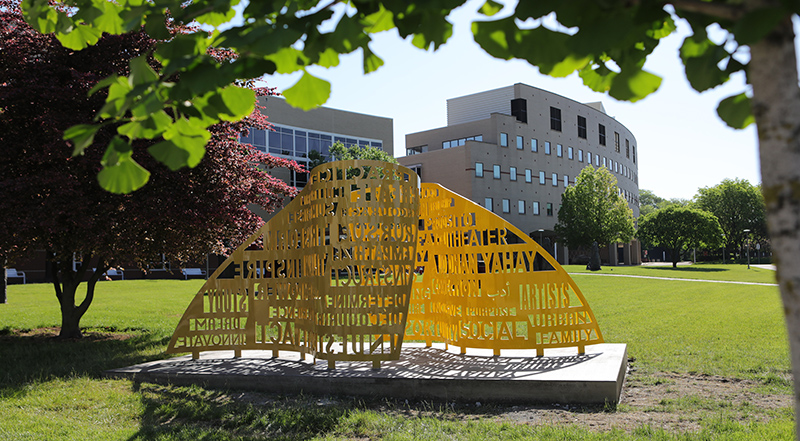 Crews installed a new sculpture entitled “Vortex” outside Mitchell Hall on May 12.