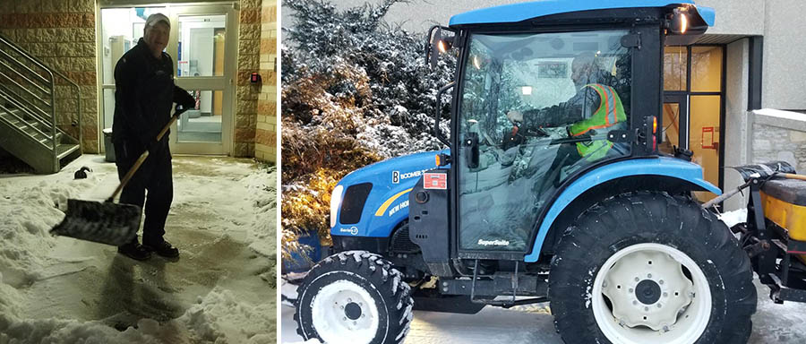 Pictured on the left, Robert Osgood, maintenance technician, shovels snow outside the Facilities Management building. Above right, James Moehrman, lead groundskeeper, uses a tractor to clear snow while also dropping salt on a walkway next to Delaware Hall. 