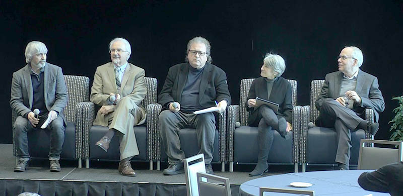 Left to right, G. Matt Atkins, Michael Les Benedict, Bob Fitrakis, Nancy Kassop, and Peter M. Shane, speaking at the symposium on February 28. 
