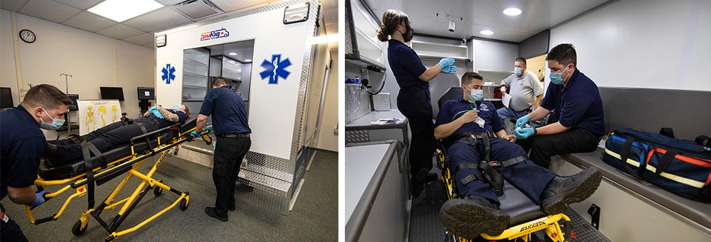 Above left, students load a “patient” into one of the new simulation ambulances. Above right, left to right, students Kendal Fulme, Gavin Kay (playing the patient), and Jarrett Harding (with the IV tube). Monitoring them from the back is Dwayne Monical, preceptor. 